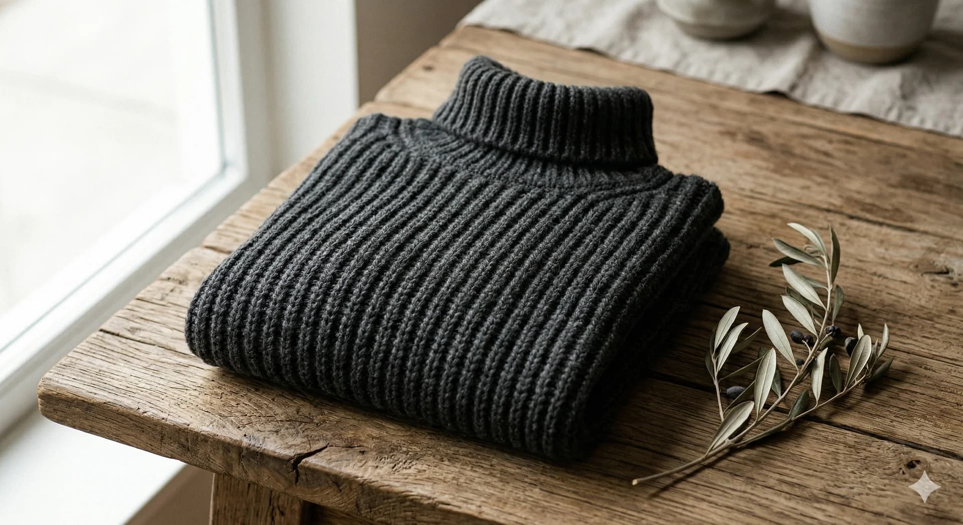 Dark turtleneck on rustic wood