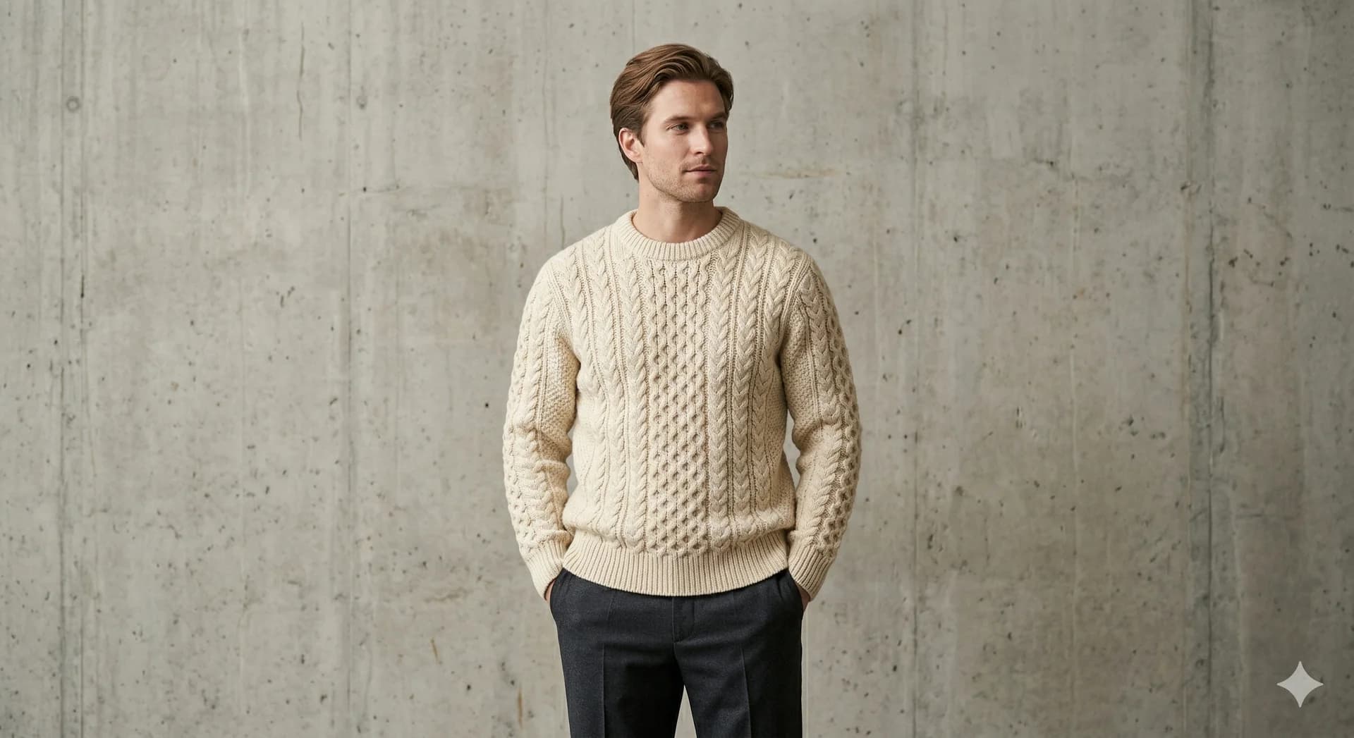 Man wearing cream Aran knit sweater