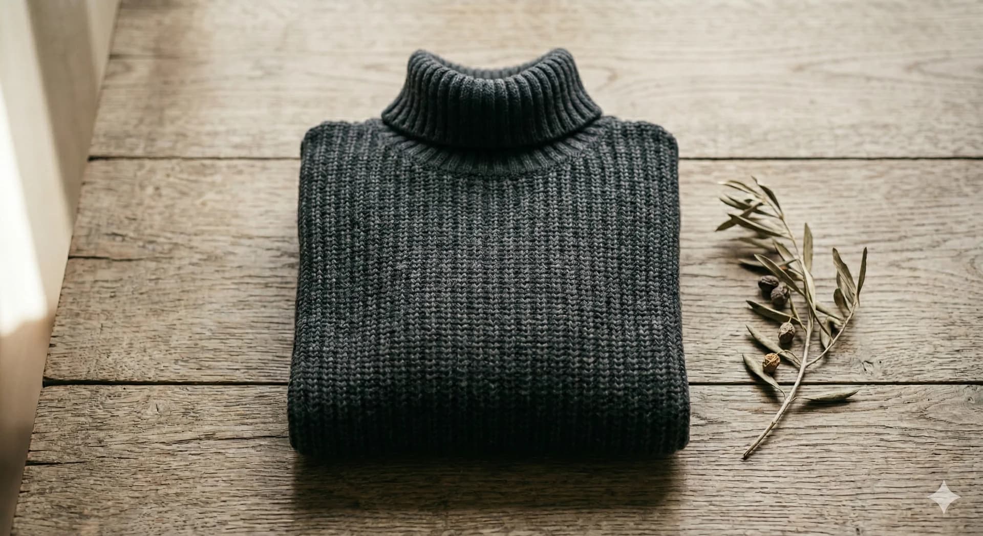 Folded turtleneck with olive branch