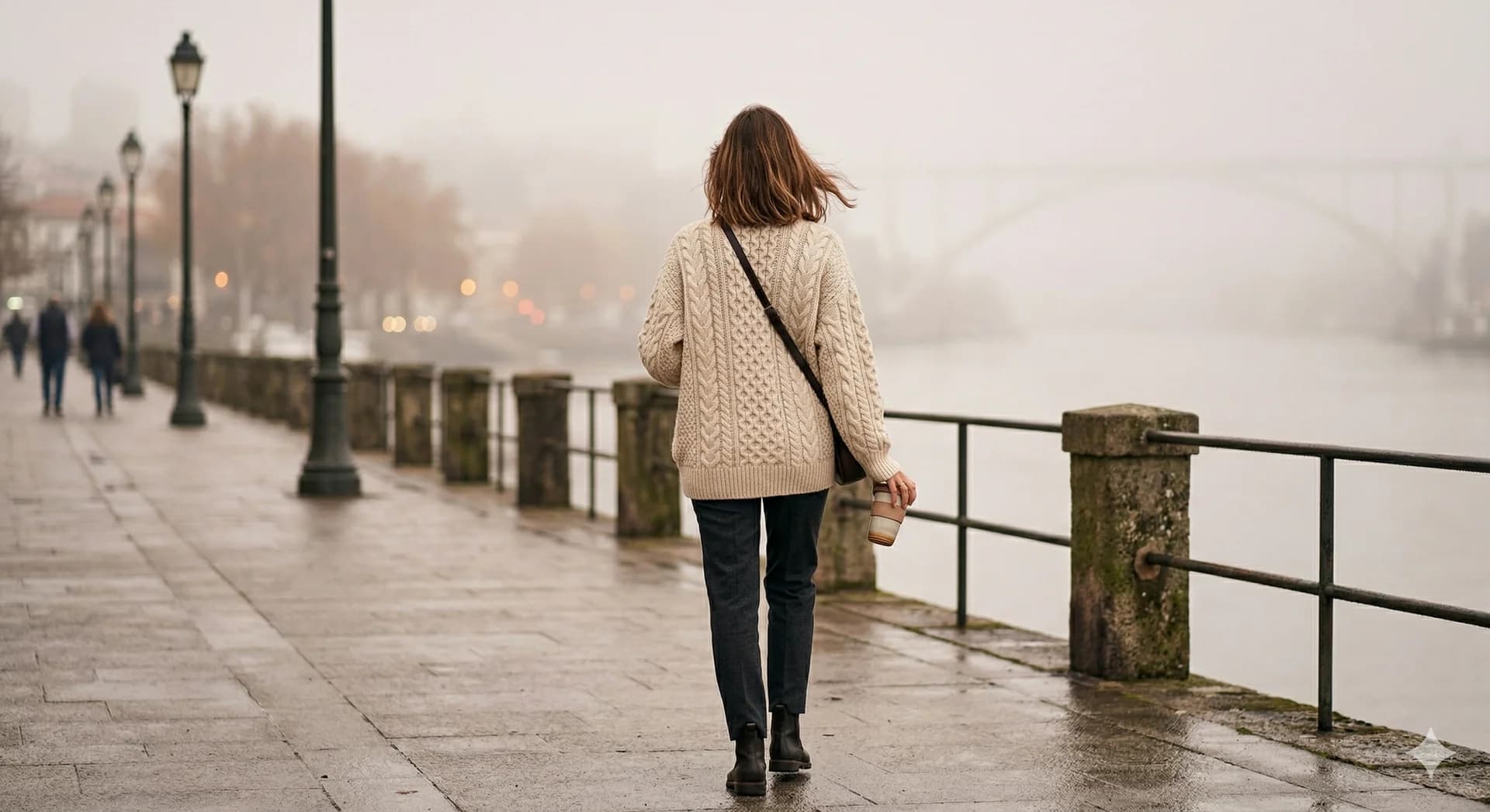Woman in cream cable-knit by the Douro