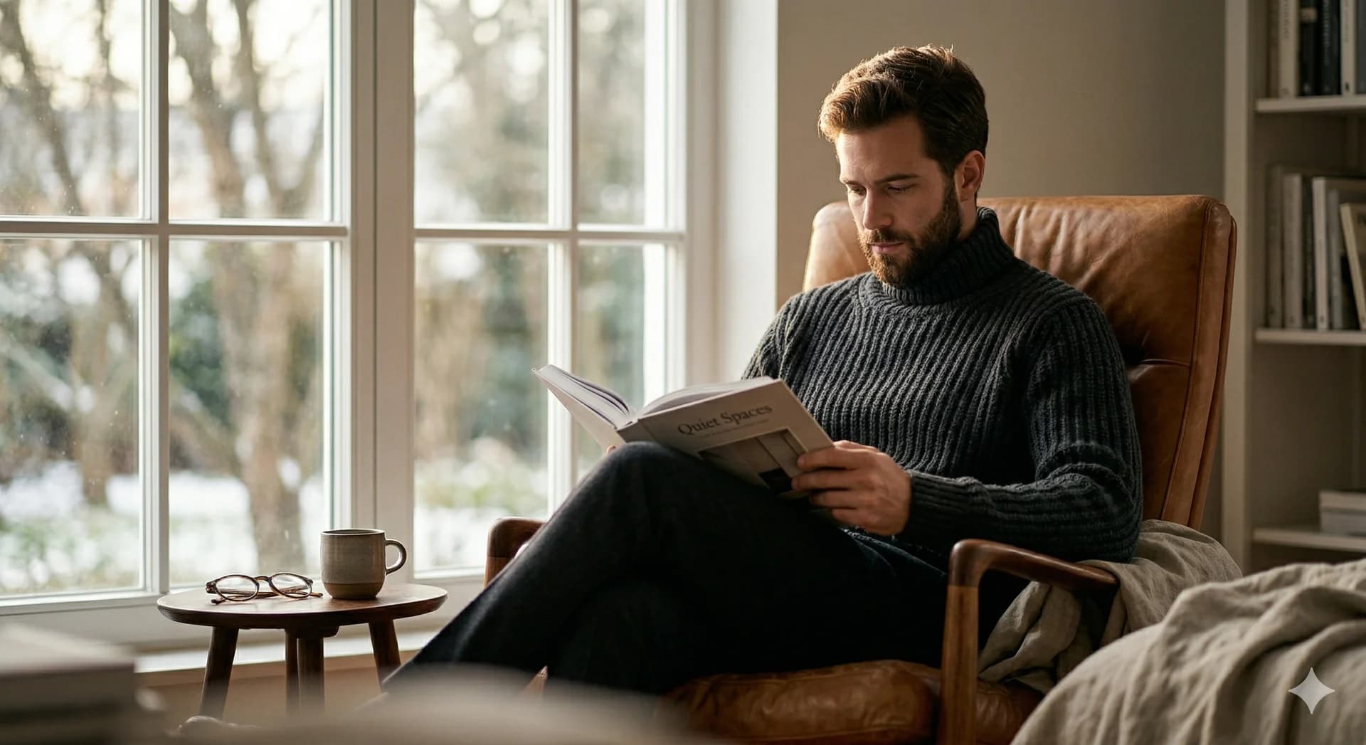Man reading in ribbed sweater