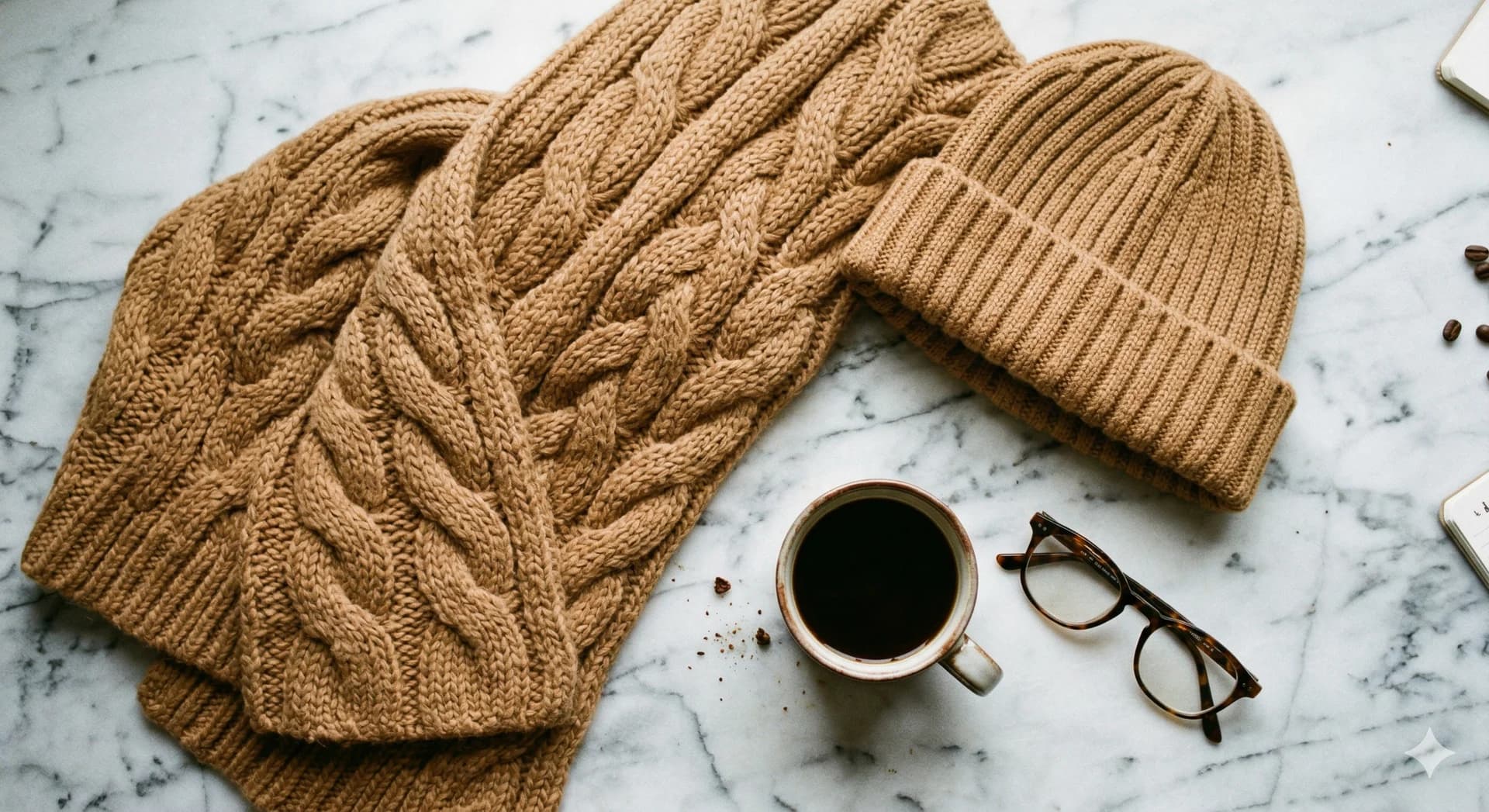 Camel knit scarf and beanie